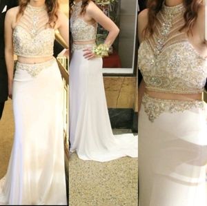 Prom Dress: White/ Hi-Neck/ Train